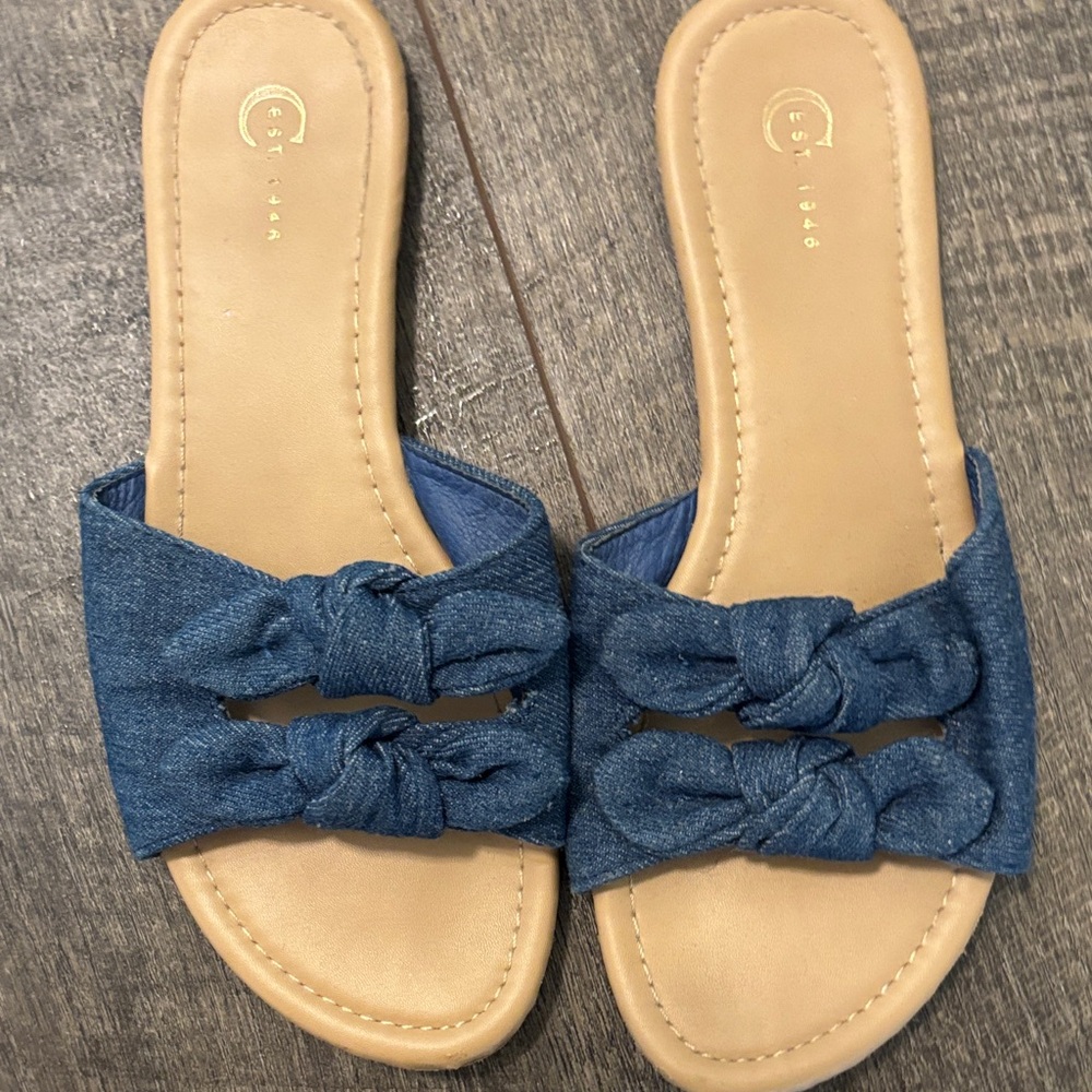 Denim Double-Knot Slide Sandals - Blue